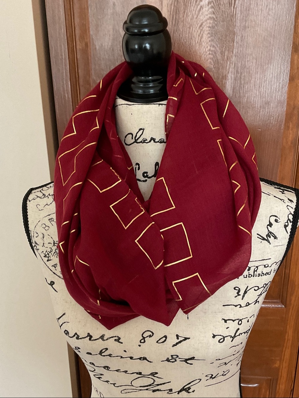 Charming Charlie Burgundy Infinity Scarf with Gold Geometric Greek Pattern